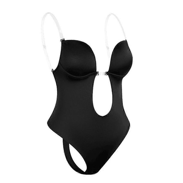 Women Sexy U Plunge Backless Body Shaper Bra, Deep V-Neck Seamless Bodysuit Thong Underwear Padded Push Up Invisible Shapewear