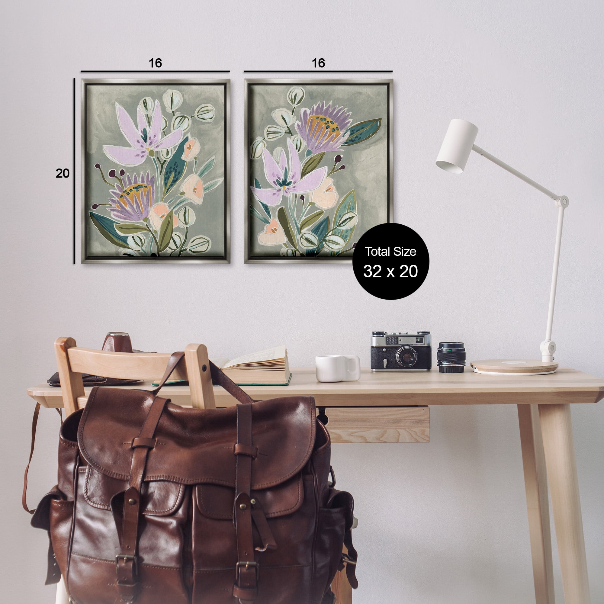 Stupell Industries Abstract Purple Floral Arrangement Botanical & Floral Painting Gray Floater Framed Canvas Art Print Wall Art, 17 x 21, Set of 2