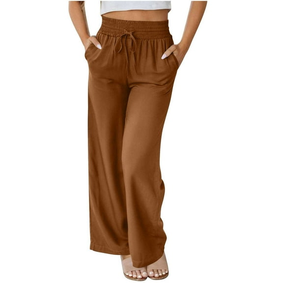 ZQUUVOU Womens Wide-Leg Pants Solid Color Drawstring Long Trousers Pockets（Brown,2XL）