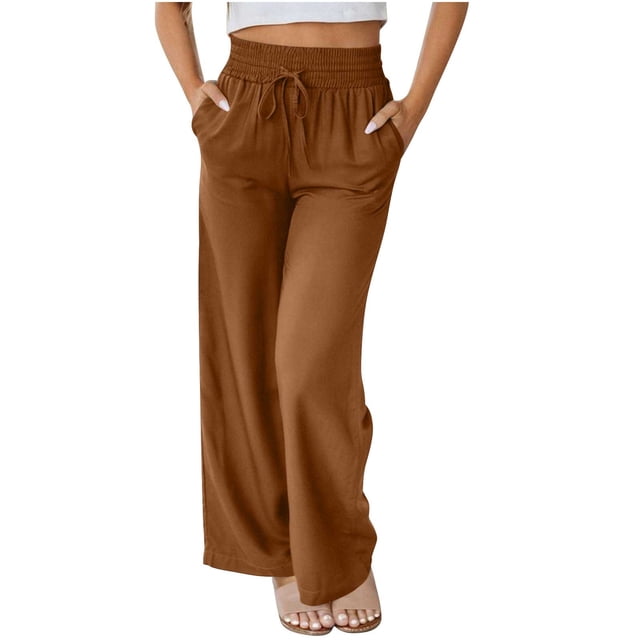 Summer Clearance 2025! Womens Plus Size Pants,Spring Summer Fashion Solid Color Pockets Outwear Wide Leg Drawstring Long Pants Trousers For Women
