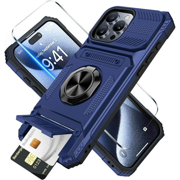 for iPhone 15 Pro max Wallet Case with Card Holder 1 Screen Protector, (2 Cards) & 360°Ring Kickstand Military Grade Drop Shockproof Rugged Case for iPhone 15 Pro Max 6.7" (Blue)