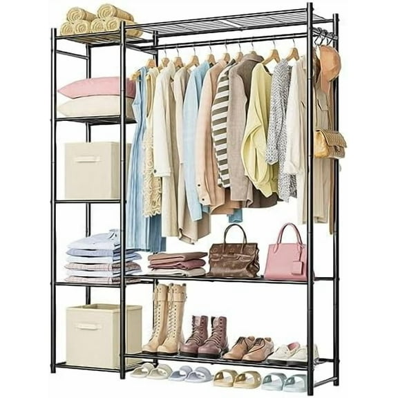 Wardrobe Closet,Portable Clothes Rack with 4 Tiers Shelves,Freestanding Closet Organizers and Storage System with Hanging Rods,Steel Clothing Rack Suitable for Cloakrooms,Bedrooms,Entrances,etc.Black