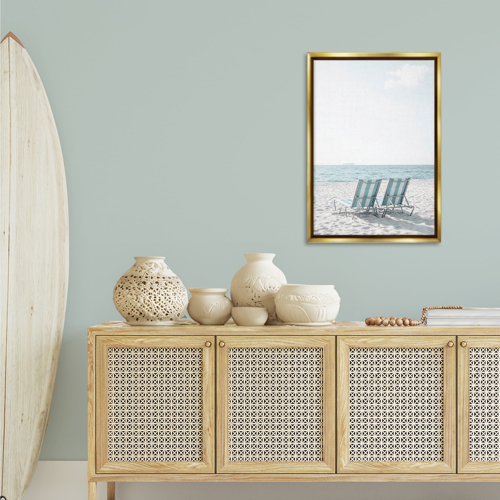 Stupell Industries Soothing Blue Beach Chairs Nautical & Beach Photography Gold Floater Framed Canvas Art Print Wall Art, 21 x 31