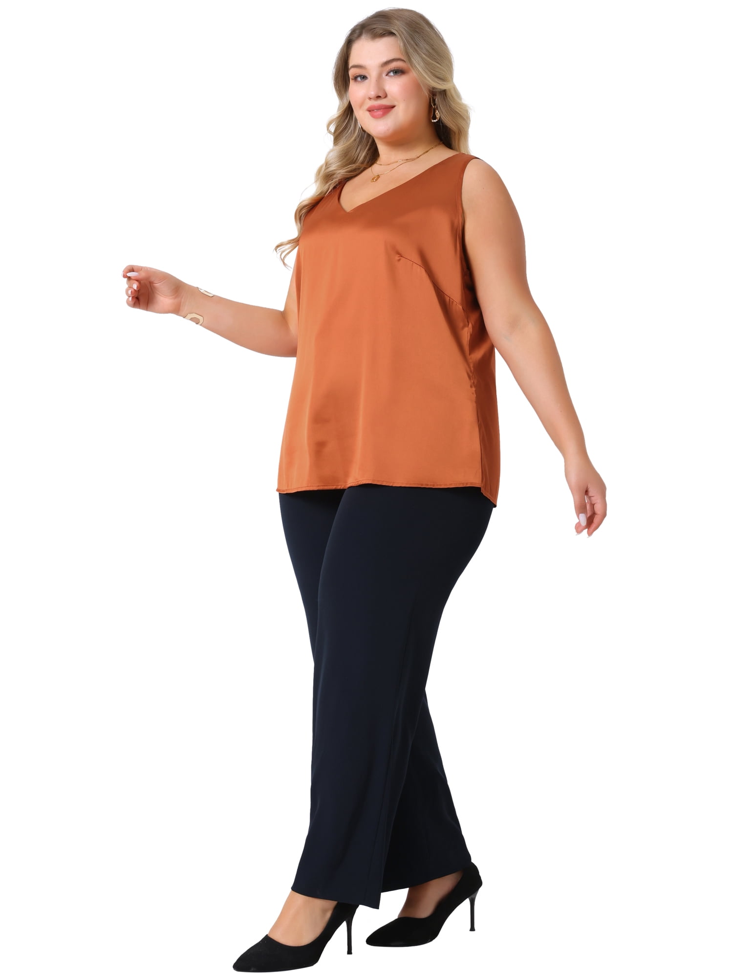 DARING DIVA Women's Plus Casual Silk Satin Tank Top V Neck Cami Blouse 2X Caramel