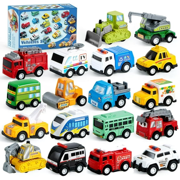 18 Pcs Pull Back City Cars and Trucks Toy Vehicles Set, Friction Powered Cars Toys for Toddlers, Boys, Girls’ Educational Play, Goodie Bags Stuffers