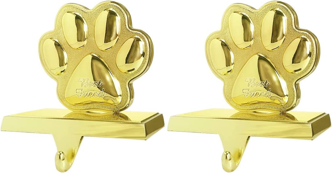 Paw Print Stocking Holder for Mantle Set of 2 Metal Gold Stocking Hook
