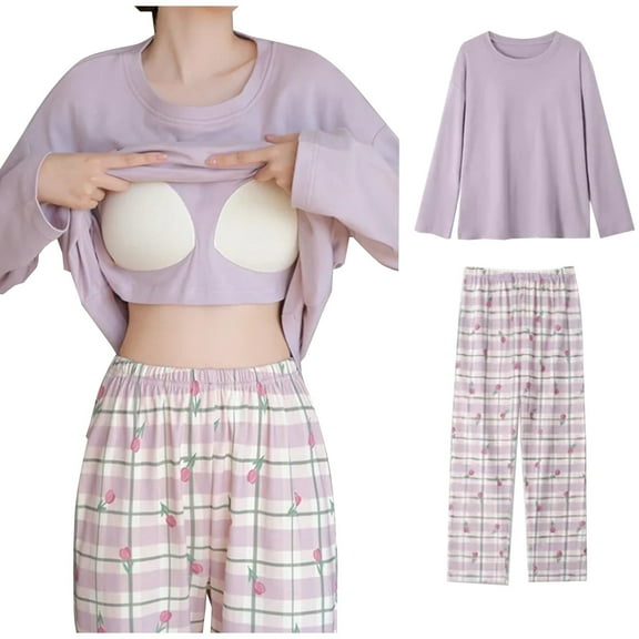 Tnhcen Women's Two-piece Pajamas Set Long Sleeve Lovely Nightwear Homewear Set With Breast Pad M-3XL
