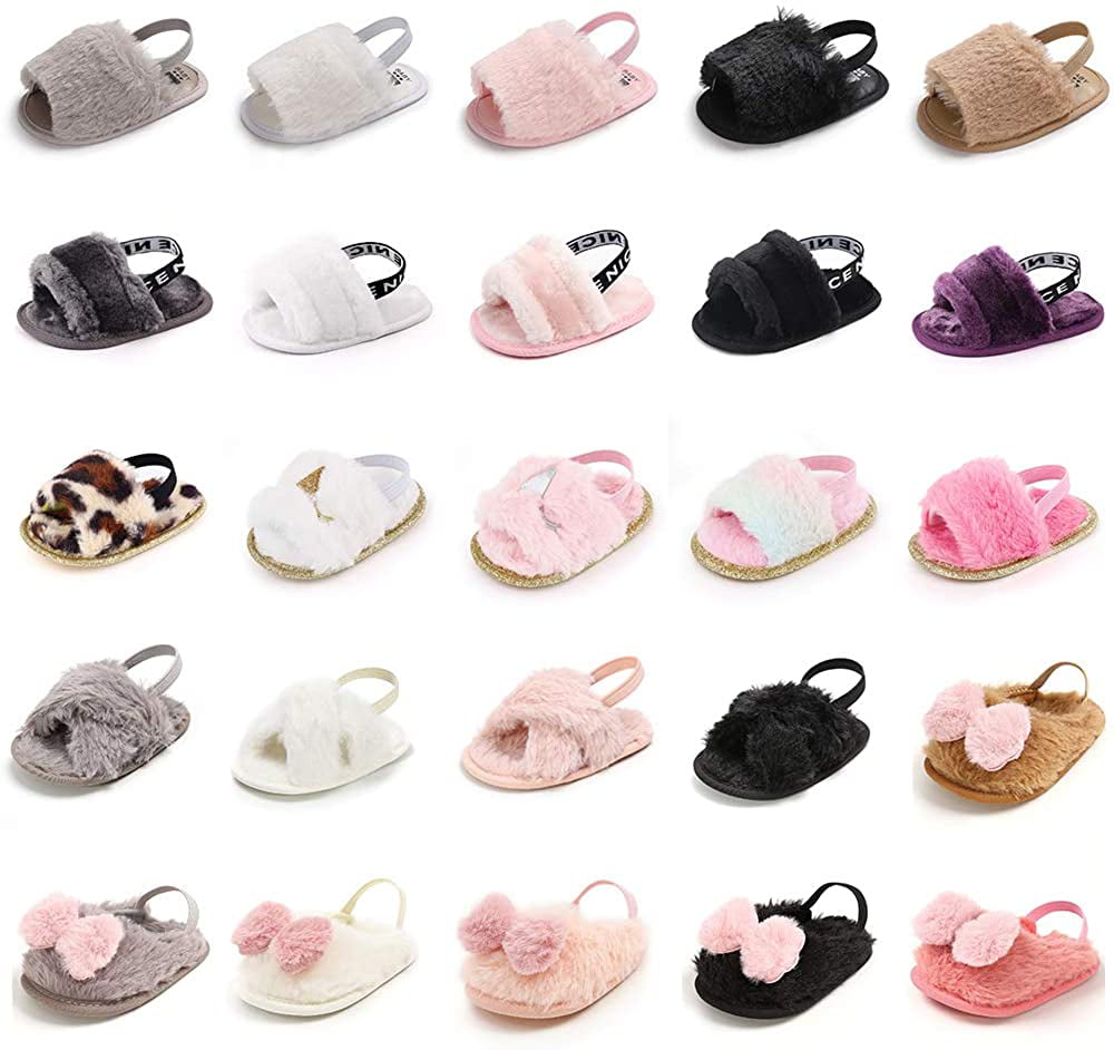 Meckior Infant Baby Girls Sandals Faux Fur Slides with Elastic Back Strap Flats Slippers Princess Dress First Walker Moccasins Shoes 