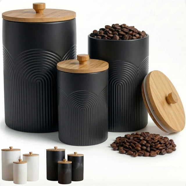 Ceramic Kitchen Canisters for Countertop Set of 3 with Airtight Bamboo Lids - Black Kitchen Canisters with Airtight Lids - Flour Sugar Canister Set - Flour and Sugar Containers Farmhouse - Coffee Jar