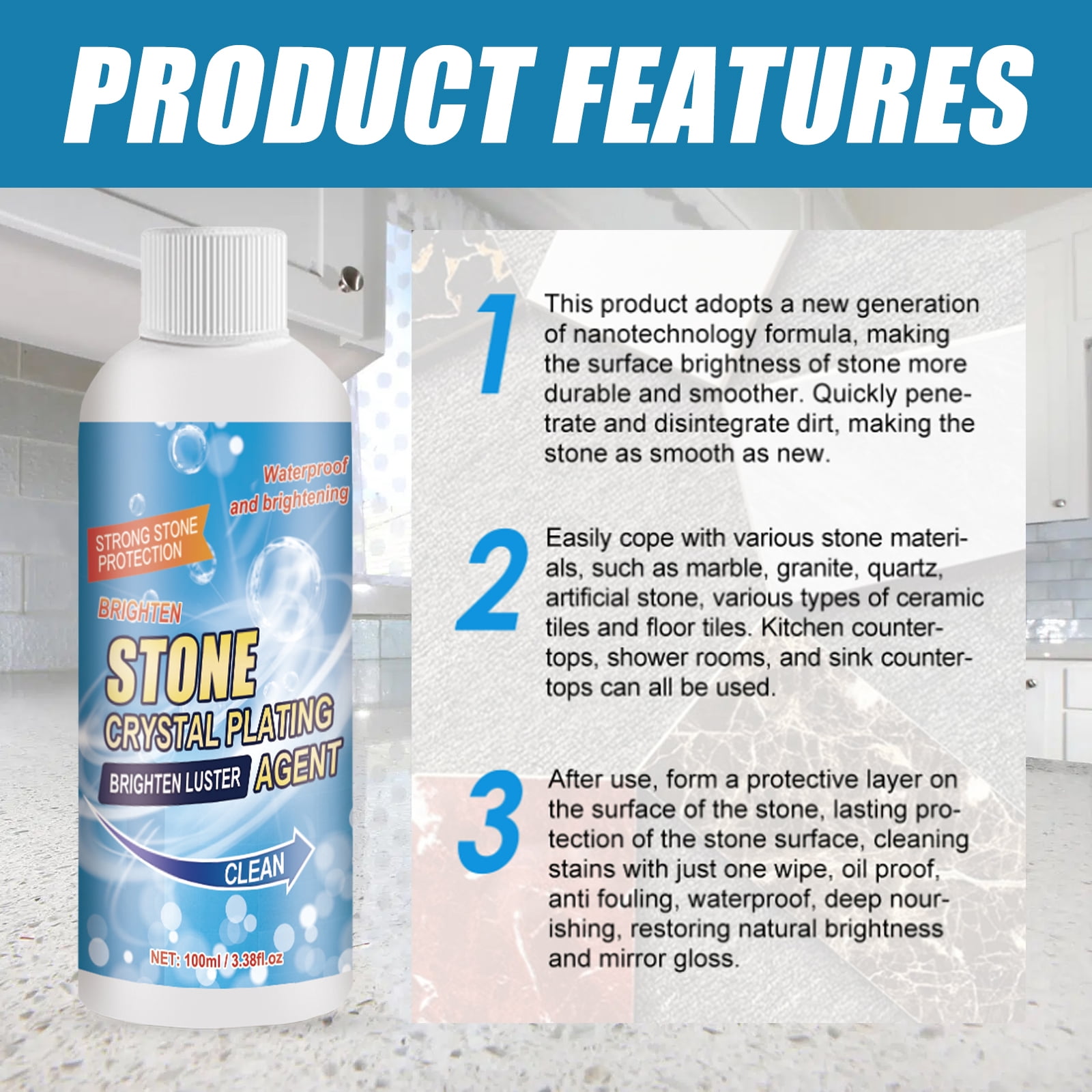 Alvantor Tile and Furniture Coating Agent - Granite Countertop Cleaner & Sealer with Protection, Quartz Marble Stone Polish, 3.38 fl. oz