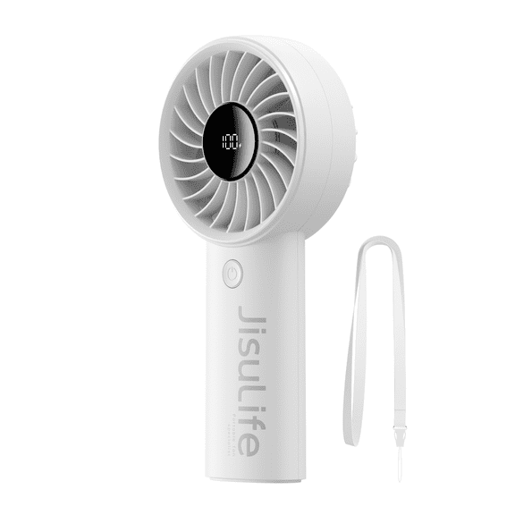 JISULIFE Ventilateur Portatif - Écran LED à 5 Vitesses et Batterie de 5000 mAh, USB-C Rechargeable avec Cordon, Refroidissement Compact pour Voyage/plage/maquillage