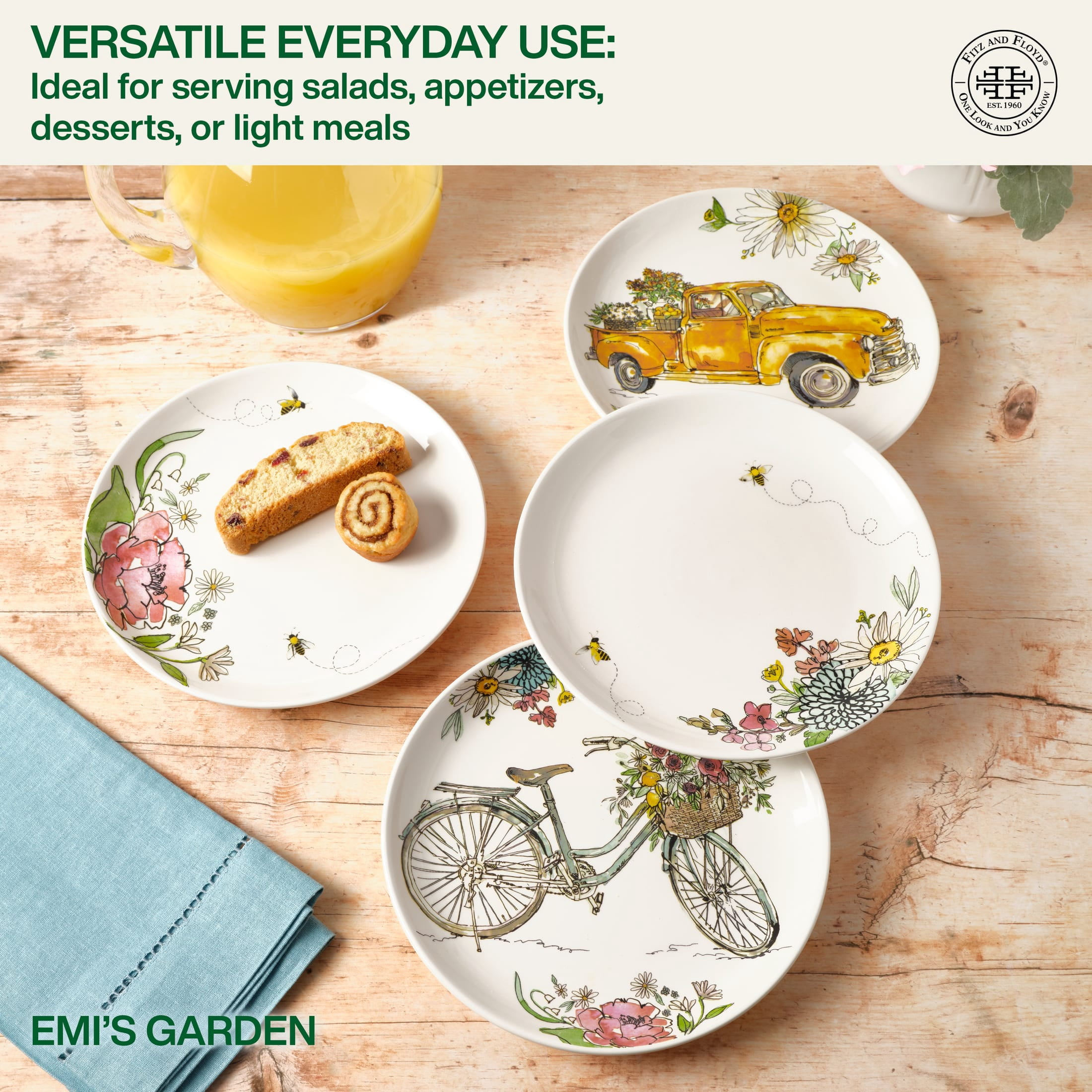 Fitz and Floyd Emis Garden 8 1/4" Round Earthenware Party Plate (4 Count)
