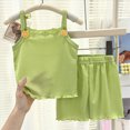 thumbnail image 2 of KPOPLK Toddler Baby Girl Summer Outfits Solid Color Strap Waffle Sleeveless Ruffle Tank Tops Shorts Set Cute Infant Clothes for 3M-7T(3-6 Months,Green), 2 of 9