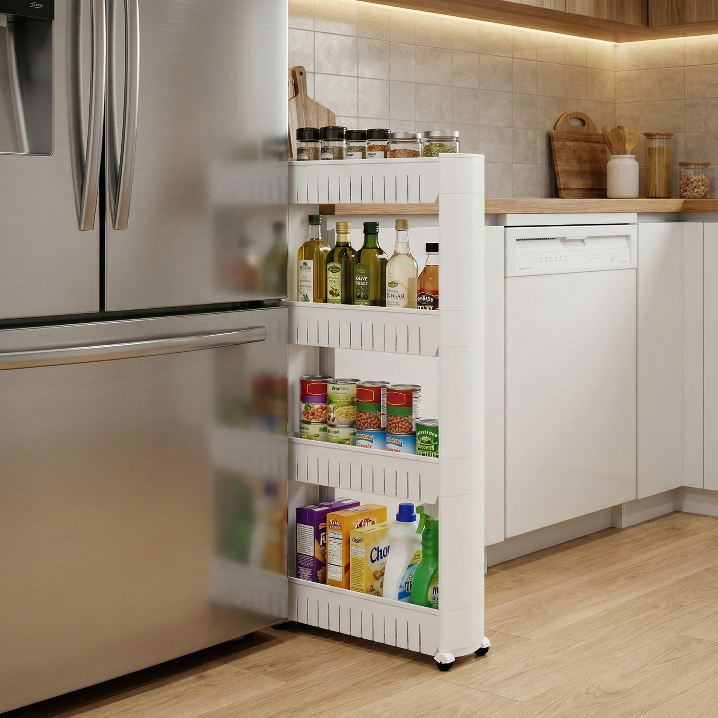 Everyday Home Mobile Plastic Shelving Unit Organizer, 4 Storage Baskets, Slim Slide Out Pantry