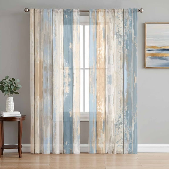 Blue Beige Wooden Sheer Curtains 84 Inch Length 2 Panels Set, Vintage Farmhouse Modern Wood Voile Window Treatment Rod Pocket Curtains Sheers Drapes for Bedroom/Living Room/Kitchen 52"x84"x2