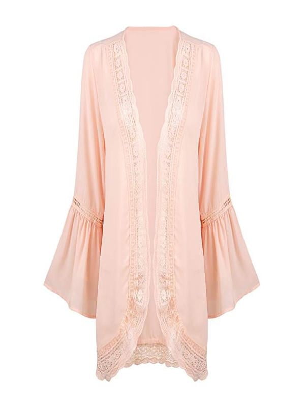 Womens Casual Solid Lace Long Sleeve Chiffon Cardigan Loose Kimono Blouse Tops Chiffon Cardigan