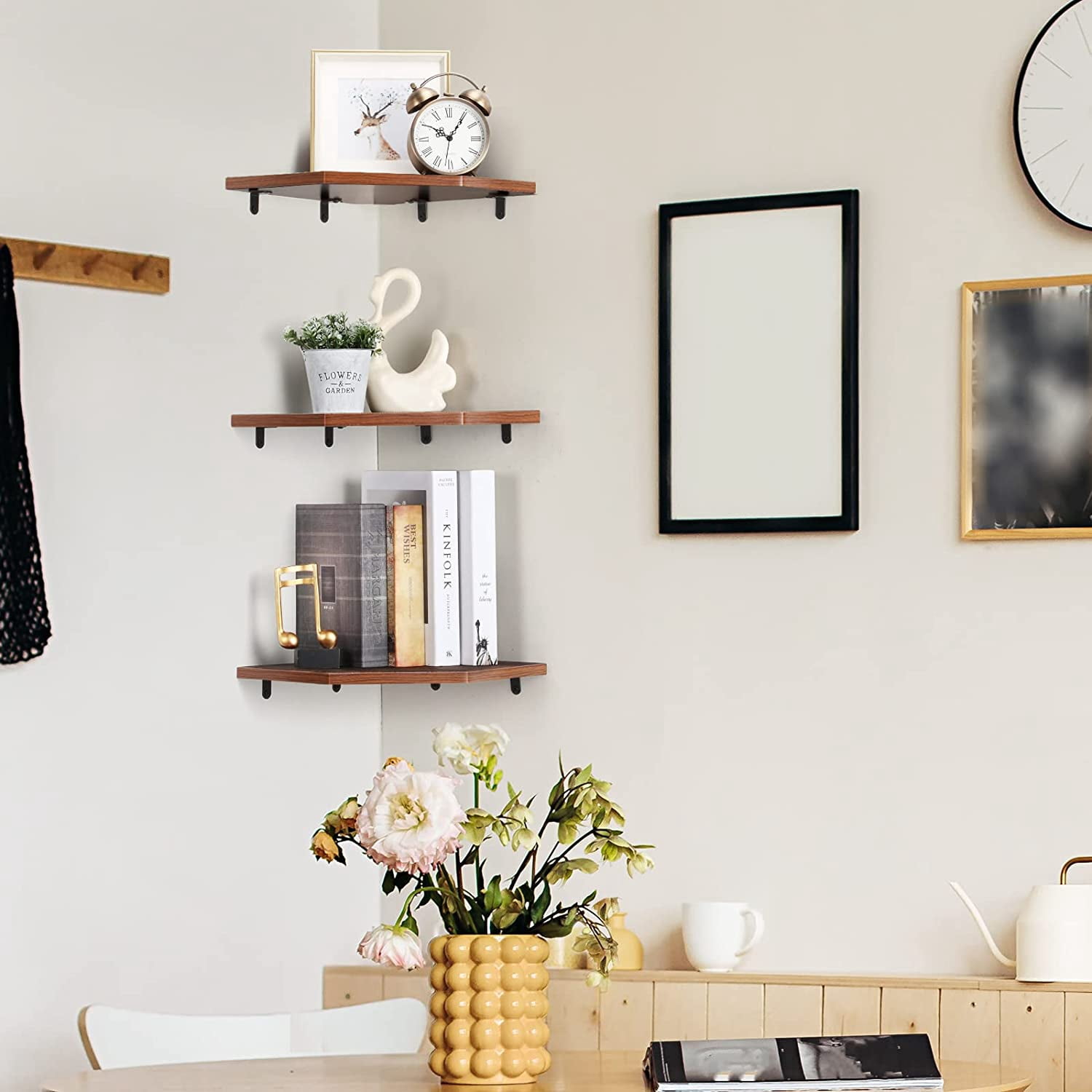 Set of 3 Floating Corner Shelves, Burnt Brown Wall Mounted Wood Shelves