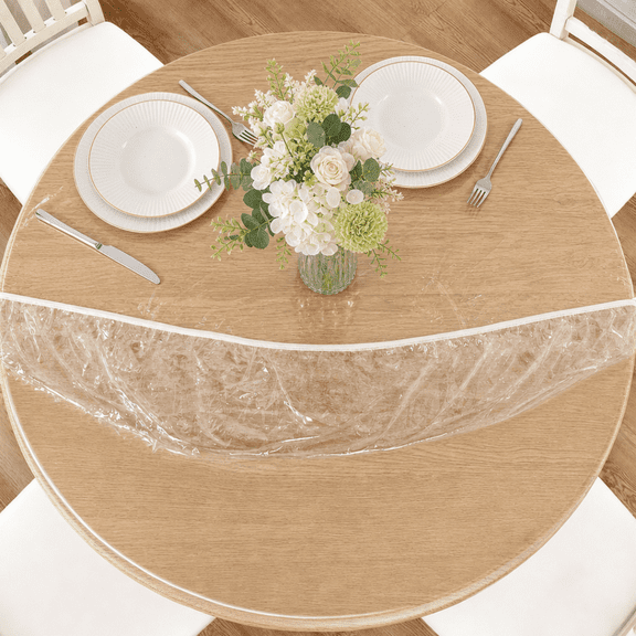 Gogcaro 48" Round Fitted Tablecloth with Elastic, Clear Waterproof Oilcloth Elasticized Table Cover, Best for Up to 36"-44" Round Fit for 2-4 Seats