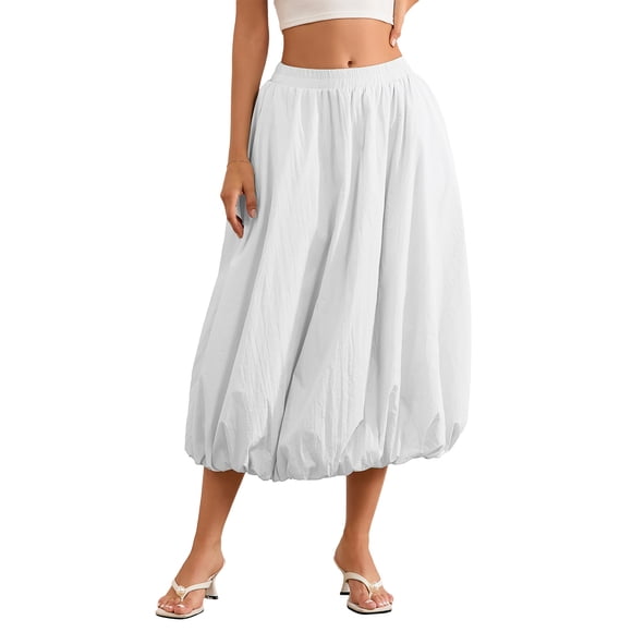 Gupgi Women Bubble Long Skirts Elegant Elastic Waist Balloon Ruffle Skirts Solid Color Casual Flowy Beach Puff Skirts