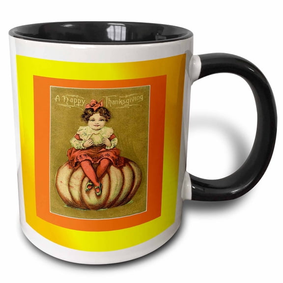 3drose, Print of Little Girl on Pumpkin with Happy Thanksgiving, 11oz Two-tone Black Mug