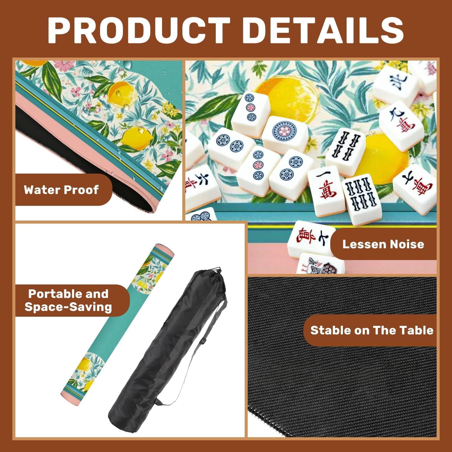 Mahjong Mat 31.5" x 31.5" Lemon Floral Tropical Teal Non-Slip Noise Reduction Mahjong Tiles Table Cover for Dominoes Poker Card Board and Tile Games Gift