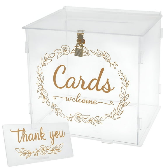 LAMIRO Acrylic Card Box Clear Wedding Box with Lock and Slot Sturdy Transparent Money Box Holder Decorative Gift Card Envelop Collection Box for Wedding Party, Gold