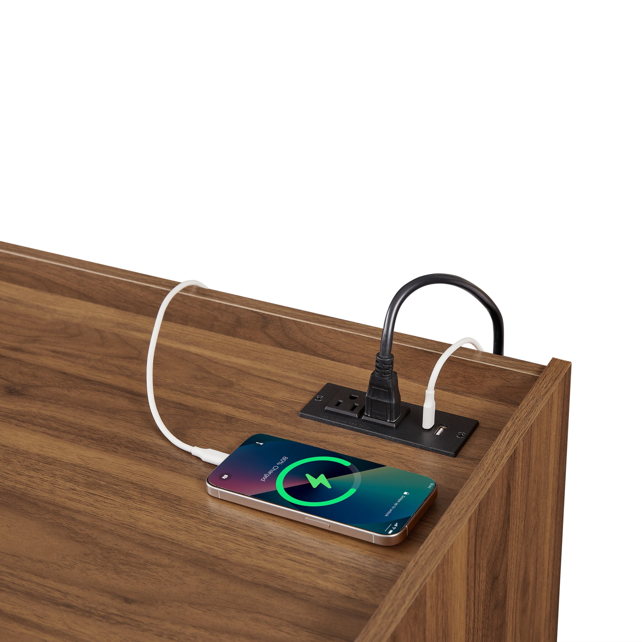 Rhett Modern TV Stand with 4 Drawers, LED Lighting, Charging Ports, Magazine Storage, Tempered Glass Front, Walnut