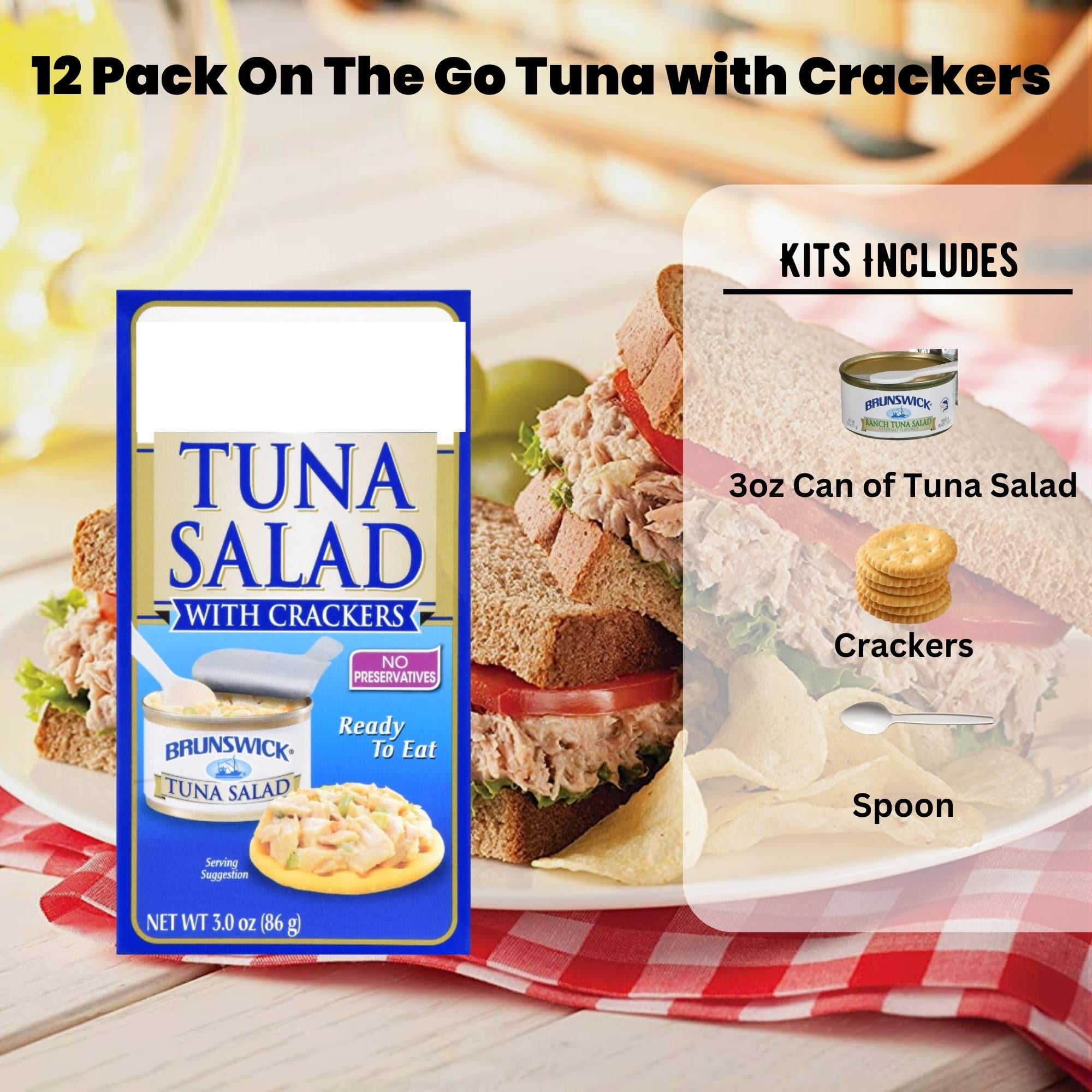 Tuna Salad with Crackers Kit Ready to Eat with Spoon Convenient Protein Shelf Stable for Lunchboxes Office Camping Picnic Summer Cookouts Home Healthy Snacks 3oz Pack of 12 w/ Tote & Bonus Porte Pot