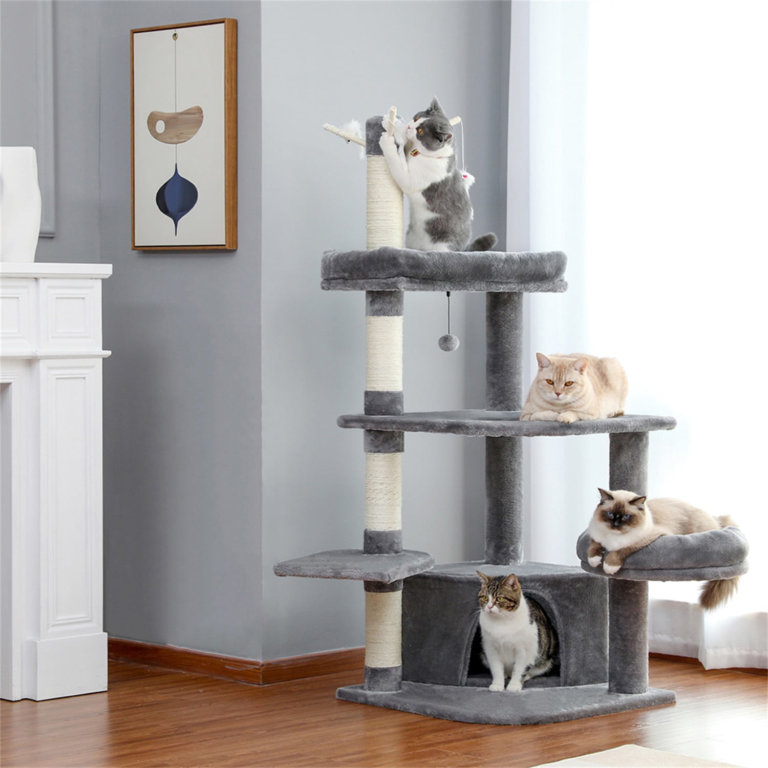 Pefilos Cat Tree for Indoor Cats Large with Scratching Post and Hanging Bed Cat Condo for Multiple Cats, Cat Tree Tower for Outdoor, Gray Pefilos Cat Tree for Indoor Cats Large with Scratching Post and Hanging Bed Cat Condo for Multiple Cats, Cat Tree Tower for Outdoor, Gray