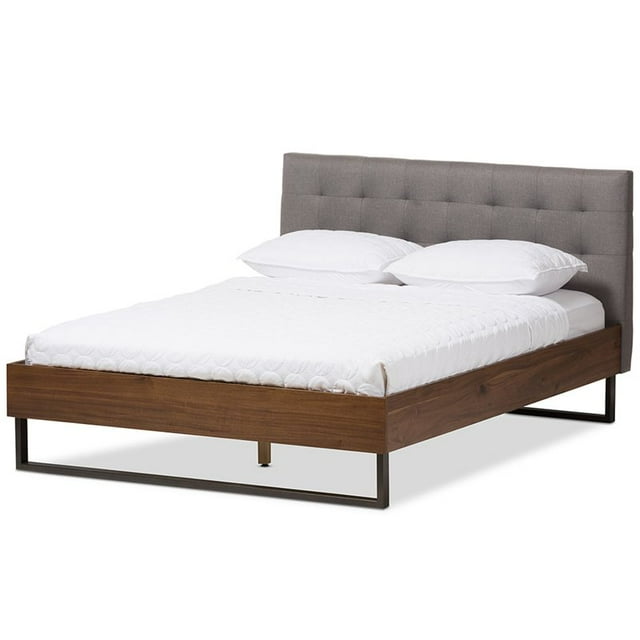 Baxton Studio Lit Plateforme Complet Capitonné Mitchell en Gris et Marron