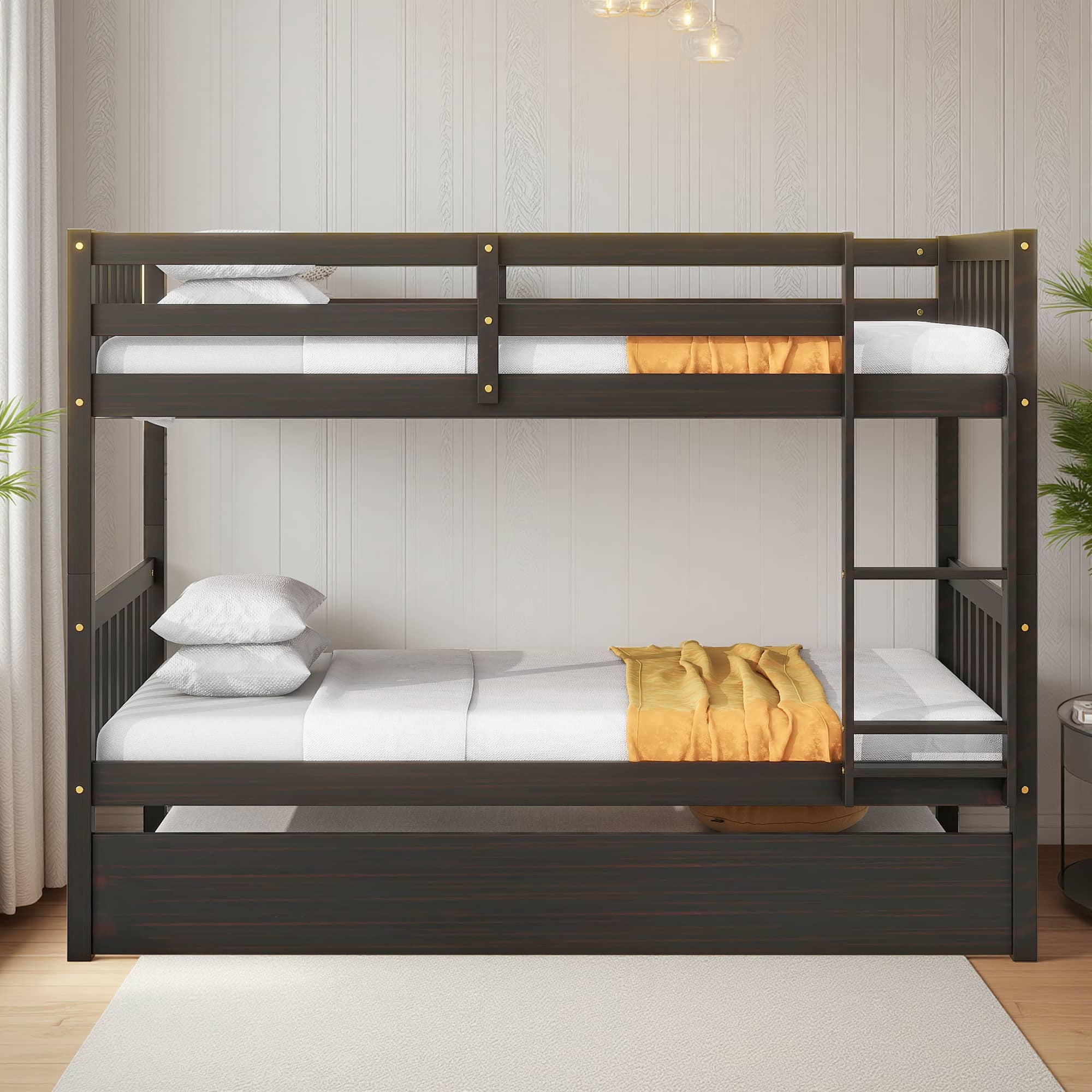 MAYEERTY Twin over Twin Wood Bunk Bed with Trundle, Bed Frame with Ladder and Guardrails, Espresso