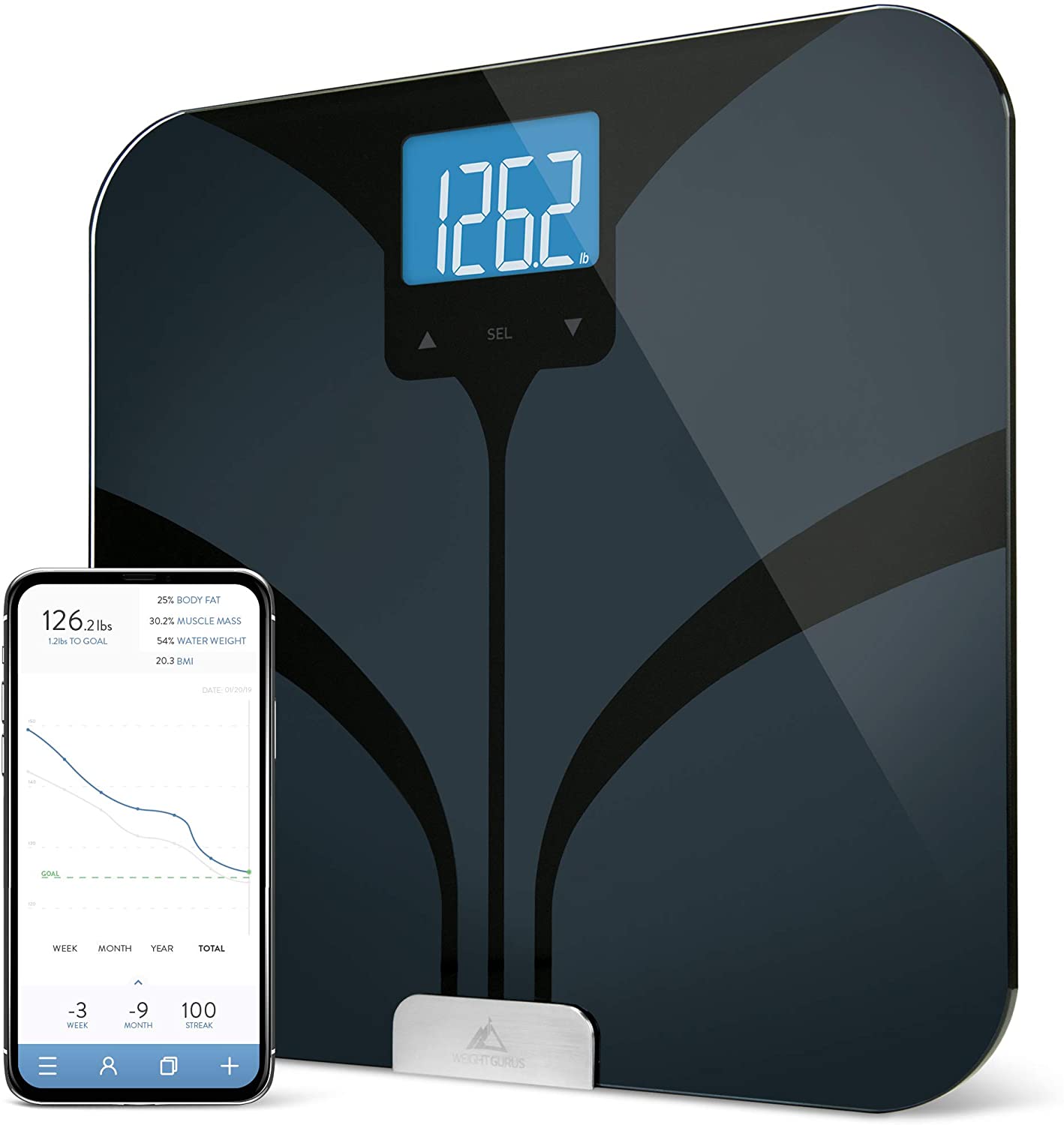Greater Goods Bluetooth Connected Bathroom Smart Scale, Measures & Tracks BMI, Lean Mass, Water Weight & Bone Mass, Extra-Large, Backlit LCD Screen, Auto-Calibration & Auto-Off - image 1 of 5