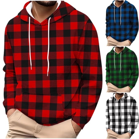 Men s Flannel Pullover Hoodie Plaid Long Sleeve Drawstring Hooded Sweatshirt with Kangaroo Pocket for Daily Lounge Winter Travel Red S