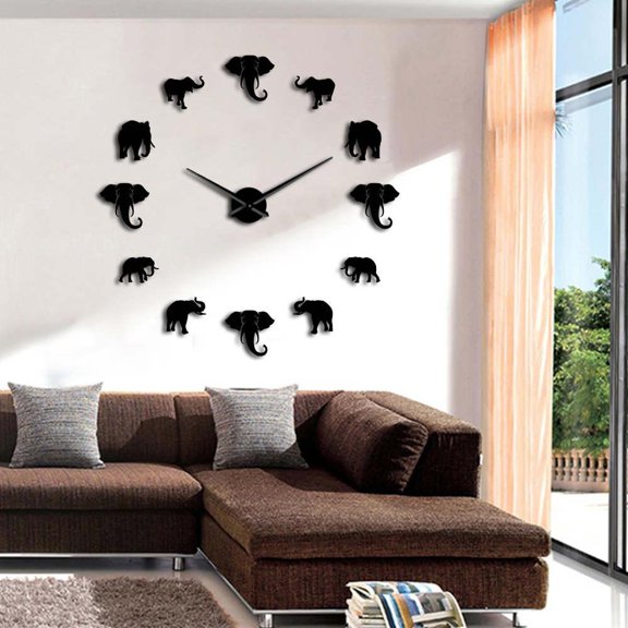 Jungle Animals Elephant DIY Large Wall Clock Modern Design Mirror Effect Giant Frameless Elephants DIY Clock Watch Home Decor(Black,27inch)