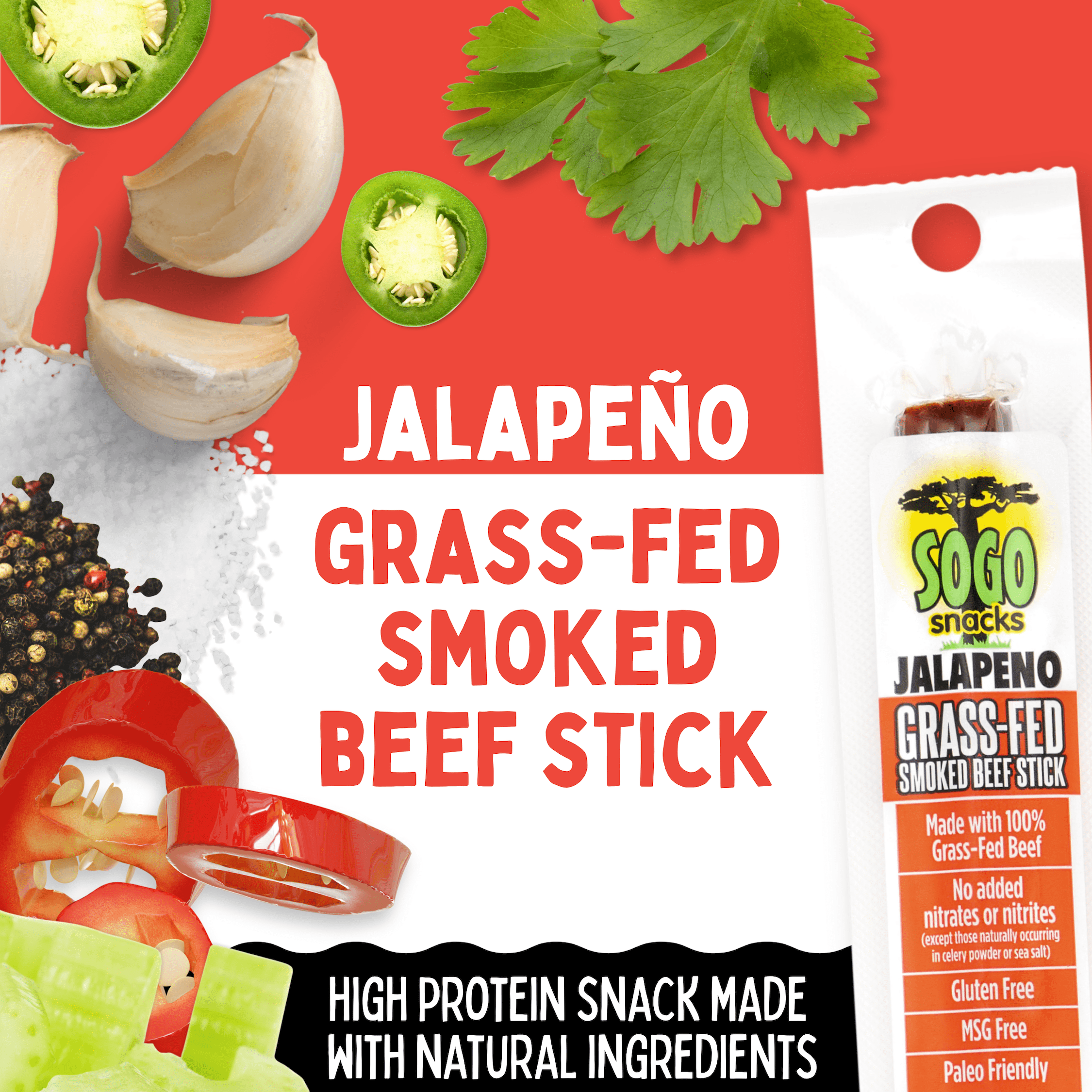 Jalapeno 100% Grass Fed Beef Sticks, Low Carb and Gluten-Free Snack, Hiking and Road Trip Snacks, Snack Pack of 12 Level 3.5 of 5 Spicy Jerky Sticks - Sogo Snacks