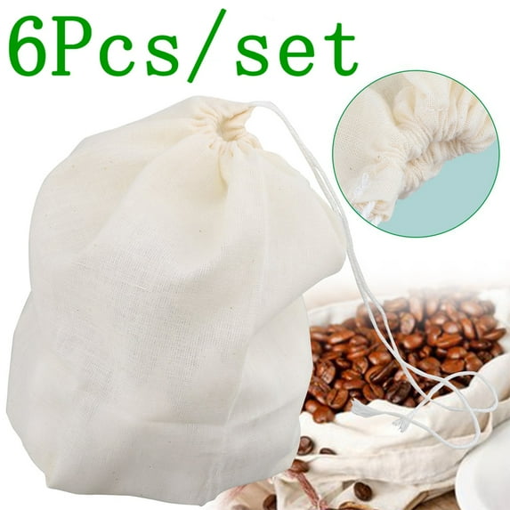 Happy Date 6 Pieces Cheesecloth Bags for Straining Reusable Empty Tea Bags Soup Bags Spice Bags for Cooking Cold Brew Coffee Bags Muslin Strainer Bags, Beige