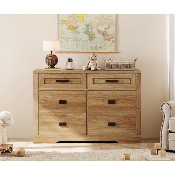 WAMPAT Dresser with 6 Drawers, 47" Wide Clothes Organizer, Bedroom Storage, Wood Chest, Kids Room, Living Room, Hallway, Entryway, Vintage Oak