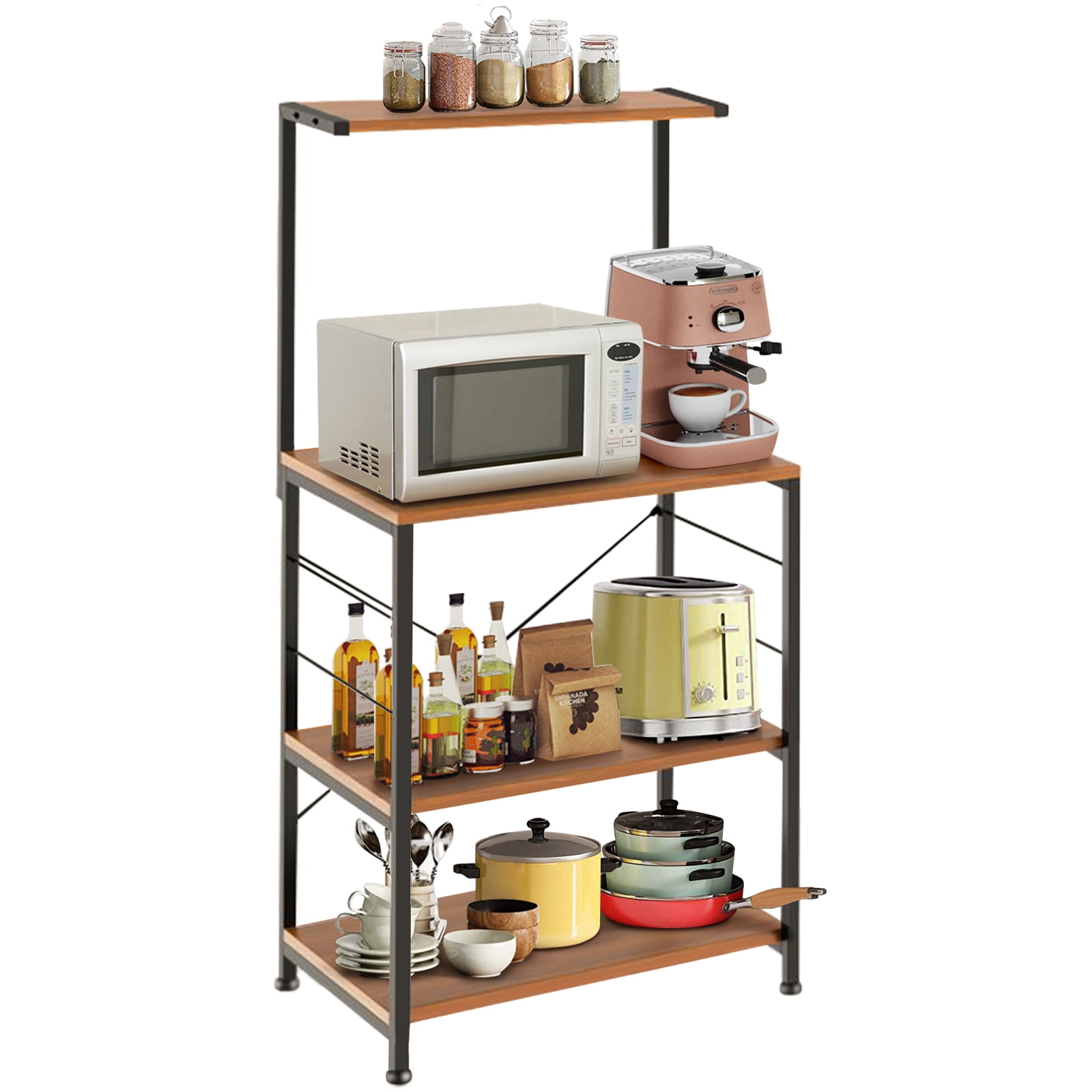 Cheflaud Kitchen Baker's Rack Storage Shelf Microwave Cart Oven Stand Coffee Bar with Side Hooks 4 Tier Shelves(Rustic Brown)