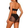 thumbnail image 3 of Conjunto de bikini texturizado con anillo Halter INSPIRE CHIC para mujeres, 3 piezas con falda de malla de color sólido, 3 of 5