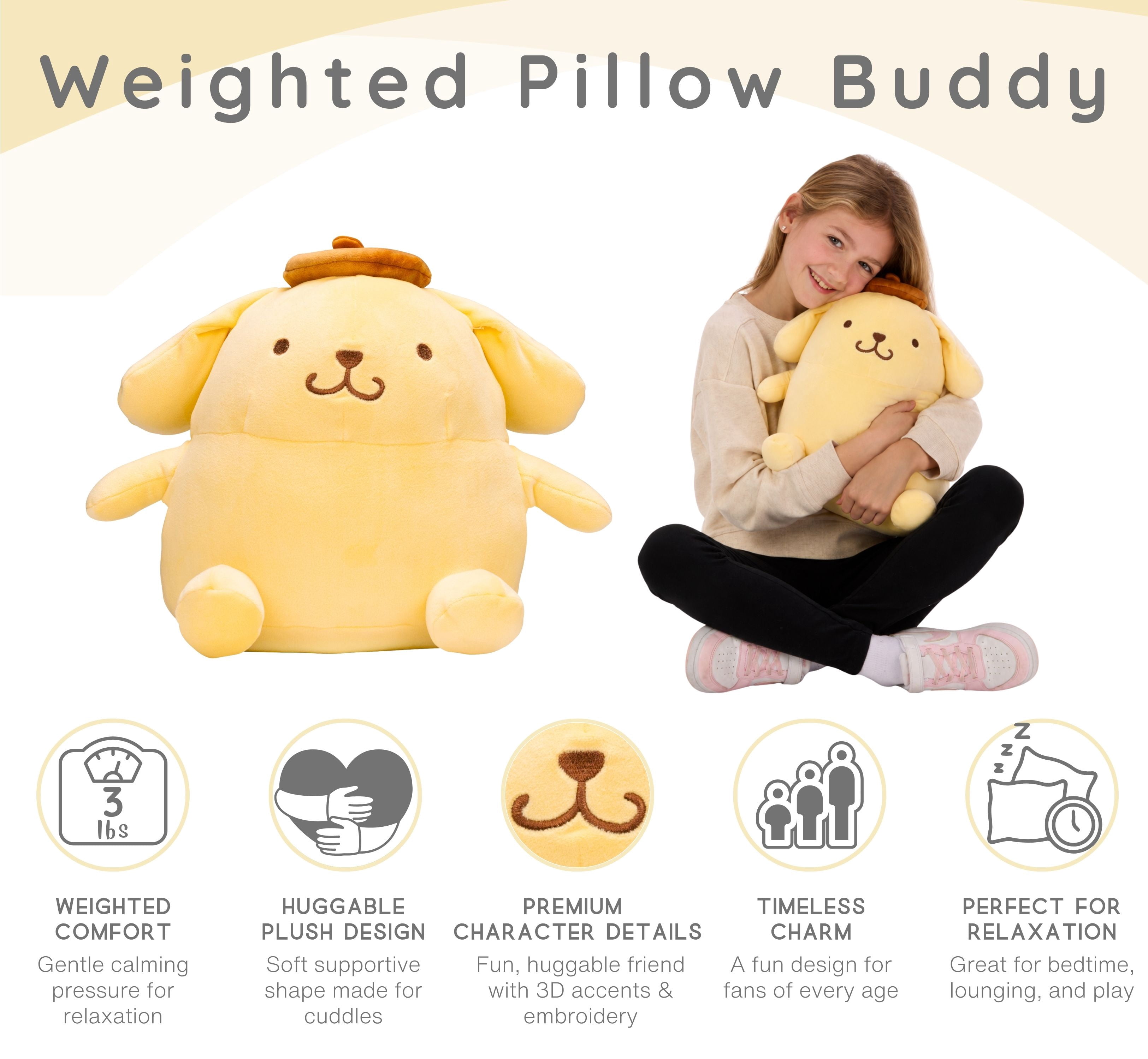 Sanrio Pompompurin Kids Weighted Pillow Buddy, 3 lb Character Plush