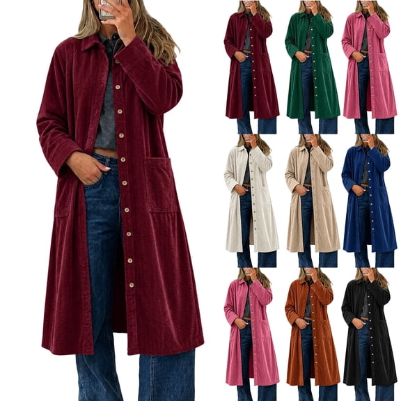 Dzrciro Corduroy Jacket for Women, Long Sleeve Lapel Button Down Longline Duster Coat with Side Pockets, Elegant Fall Outerwear Jacket S-2XL