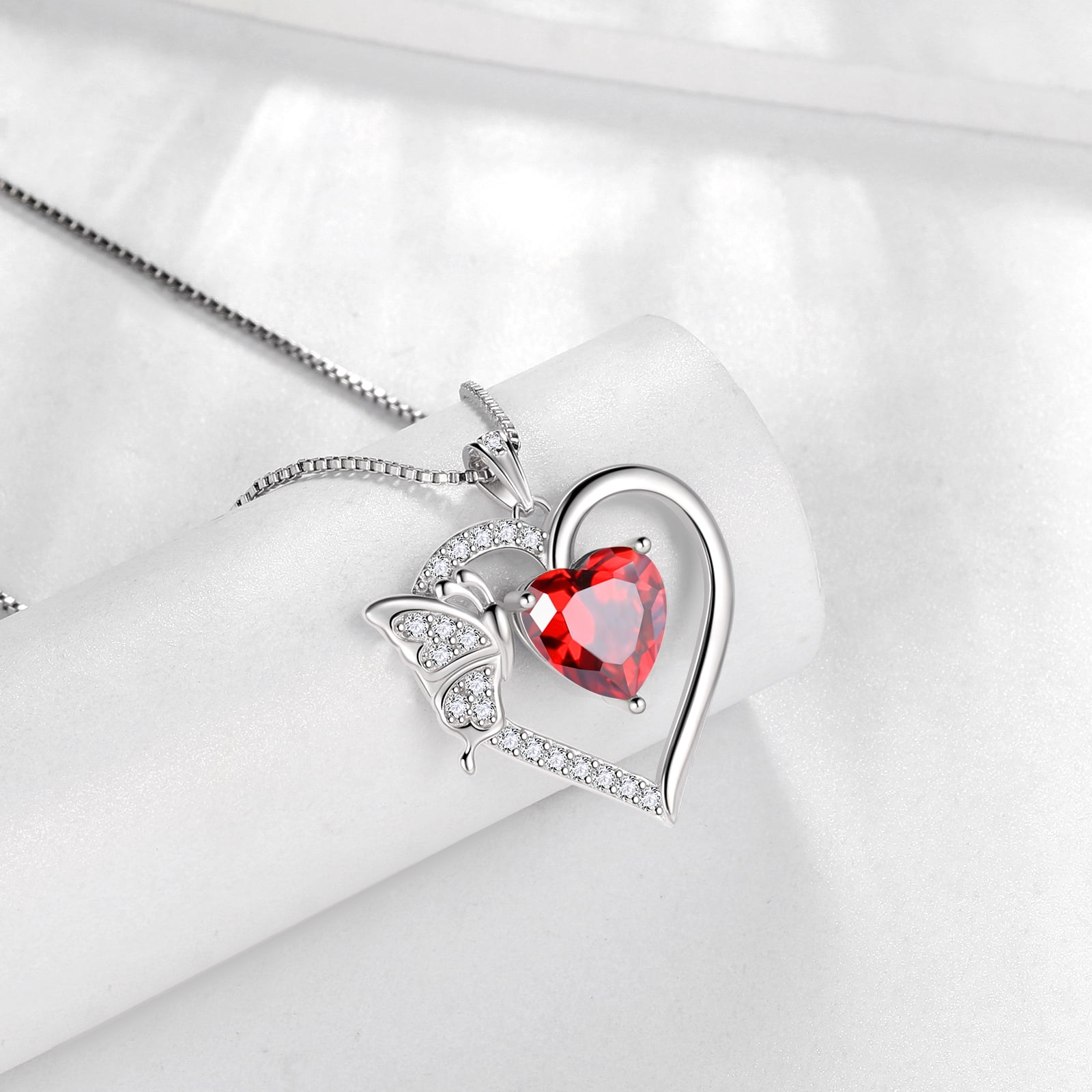 Red Heart Necklace Butterfly January Birthstone Necklace Garnet 925 Sterling Silver Pendant Jewelry Women Birthday Christmas Mother's Day Gifts