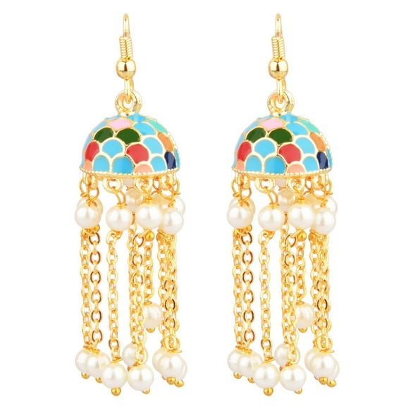 Efulgenz Indian Jewelry Bollywood Antique Faux Pearl Drop Floral Long Chain Tassel Jhumka Jhumki Hook Dangle Earrings Set