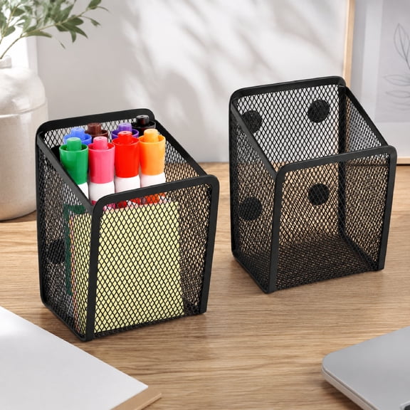 Magnetic Pencil Holder for Whiteboard and Fridge, Strong Metal Mesh Pen Holder for Locker, 2 Pack