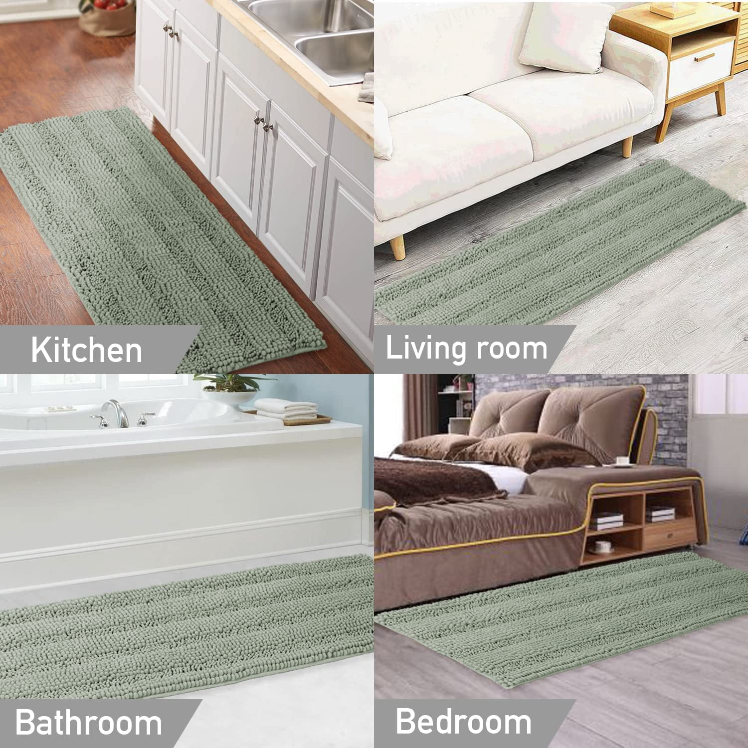 ZGAD  Sage Green Bathroom Rugs Runner Extra Long Large Bath Mat Plush Shaggy Chenille Bathroom Rug 47 x 17 Non-Slip Bath Rug Runner Extra Soft & Absorbent Thick Floor Mats, Machine Washable, Sage