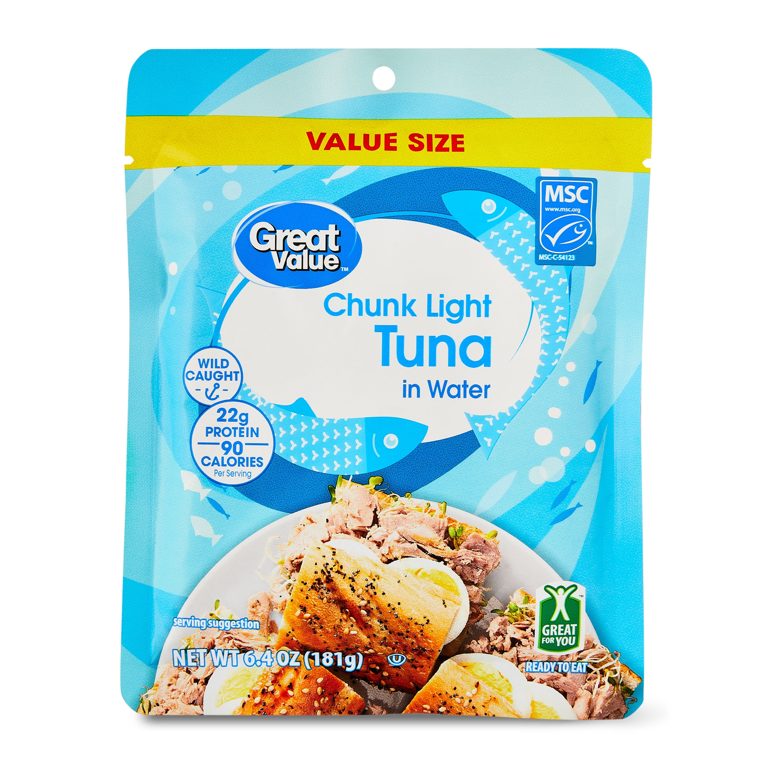 (12 pack) Great Value Premium Wild Caught Chunk Light Tuna in Water, 6.4 oz Pouch