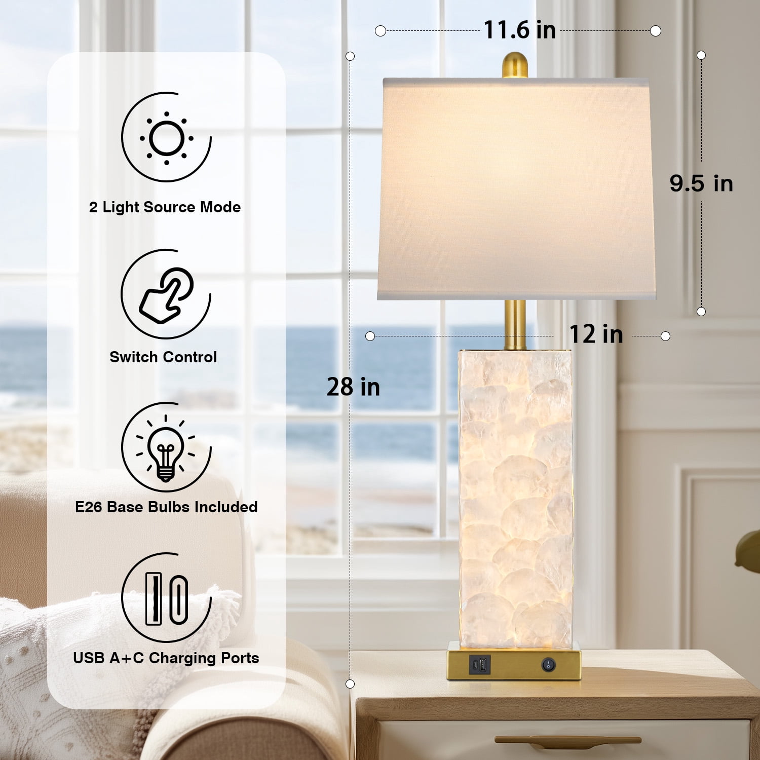 Cinkeda 28" Coastal Table Lamps Set of 2, Seashell Bedside Lamps with Dual Lighting & USB A+C Ports, Modern Beach House Nightstand Lights in Gold