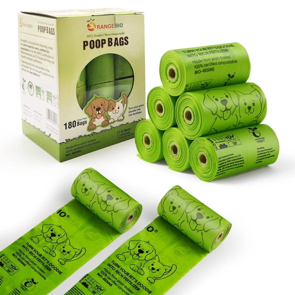 OrangeBio Compostable Biodegradable Dog Waste Bags with 12 Refill Rolls, Unscented, 180 Count