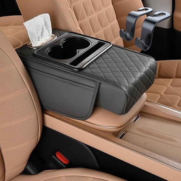 Genérico Multifunctional PU Leather Car Armrest Box Mat, Car Armrest Cushion, Center Console Cover with 2 Cup Holder, Tissue Box Slot for Most Cars (Gray)
