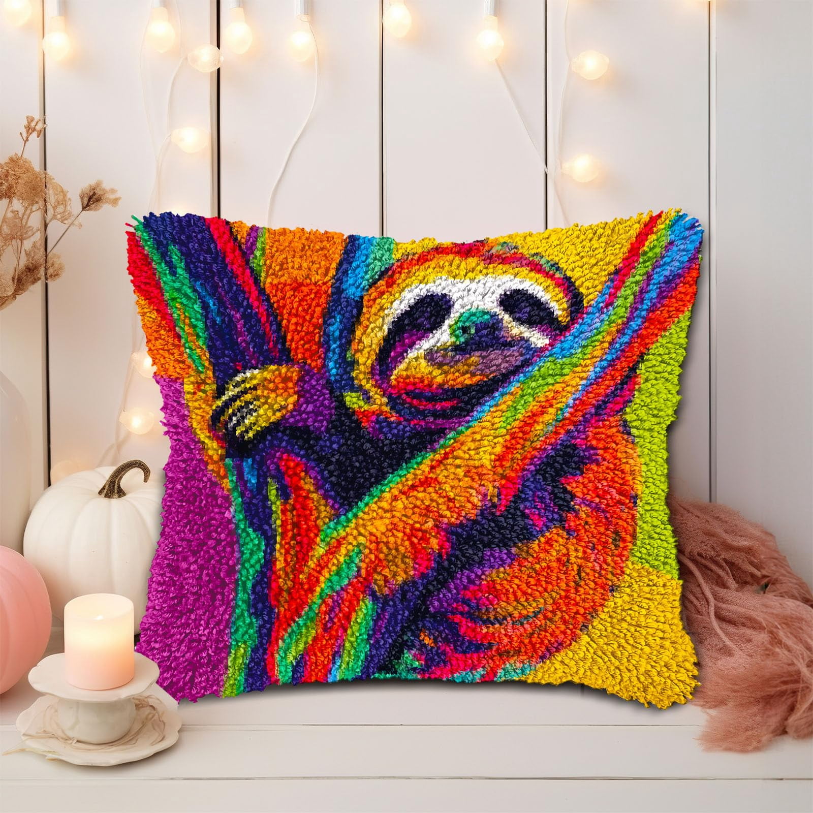 Colored Sloth on Tree DIY Latch Hook Pillow Kits for Adults Printed Pillowcase Crochet Yarns Hooking Handmade Pillow Cover Cushion for Home Sofa Decoration 17x17inch(2)